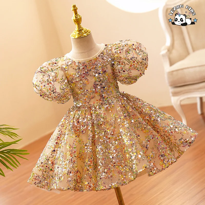 LEZONKIDS - Vestido Poncho Infantil Brilhante, Vestido de Menina Flor Criança Casamento Manga Balão Princesa Vestido Lantejoulas Bebê de 12 Meses